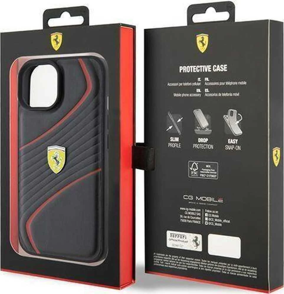 Apple iPhone 15 Ferrari dėklas Twist Metal Logo (FEHCP15SPTWK) juodos spalvos