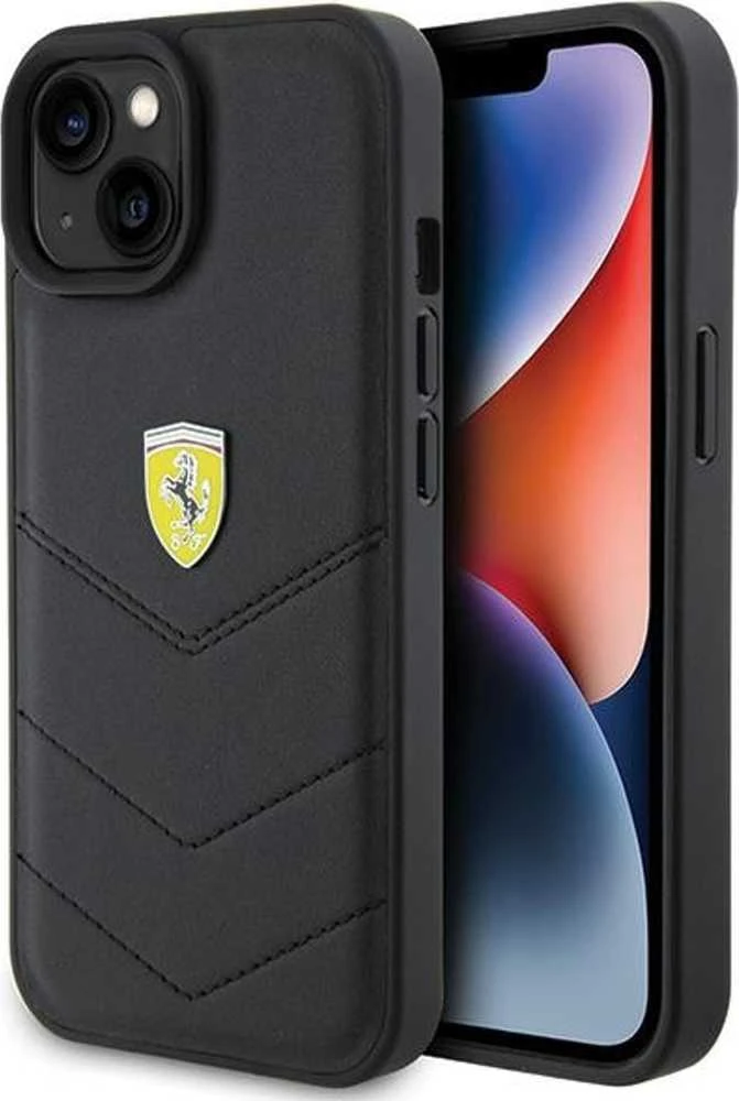 Ferrari FEHCP15SRDUK Apple iPhone 15 / 14 / 13 6.1″ juodos spalvos kietas dėklas Quilted Metal Logo