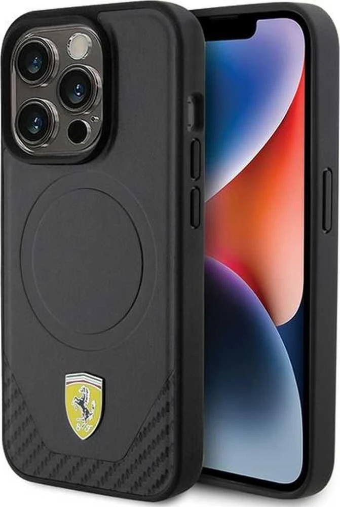 Ferrari FEHMP15LPTEK Apple iPhone 15 Pro 6.1″ juodos spalvos kietas dėklas Carbon Metal Logo MagSafe