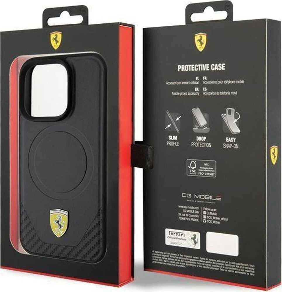 Ferrari FEHMP15LPTEK Apple iPhone 15 Pro 6.1″ juodos spalvos kietas dėklas Carbon Metal Logo MagSafe