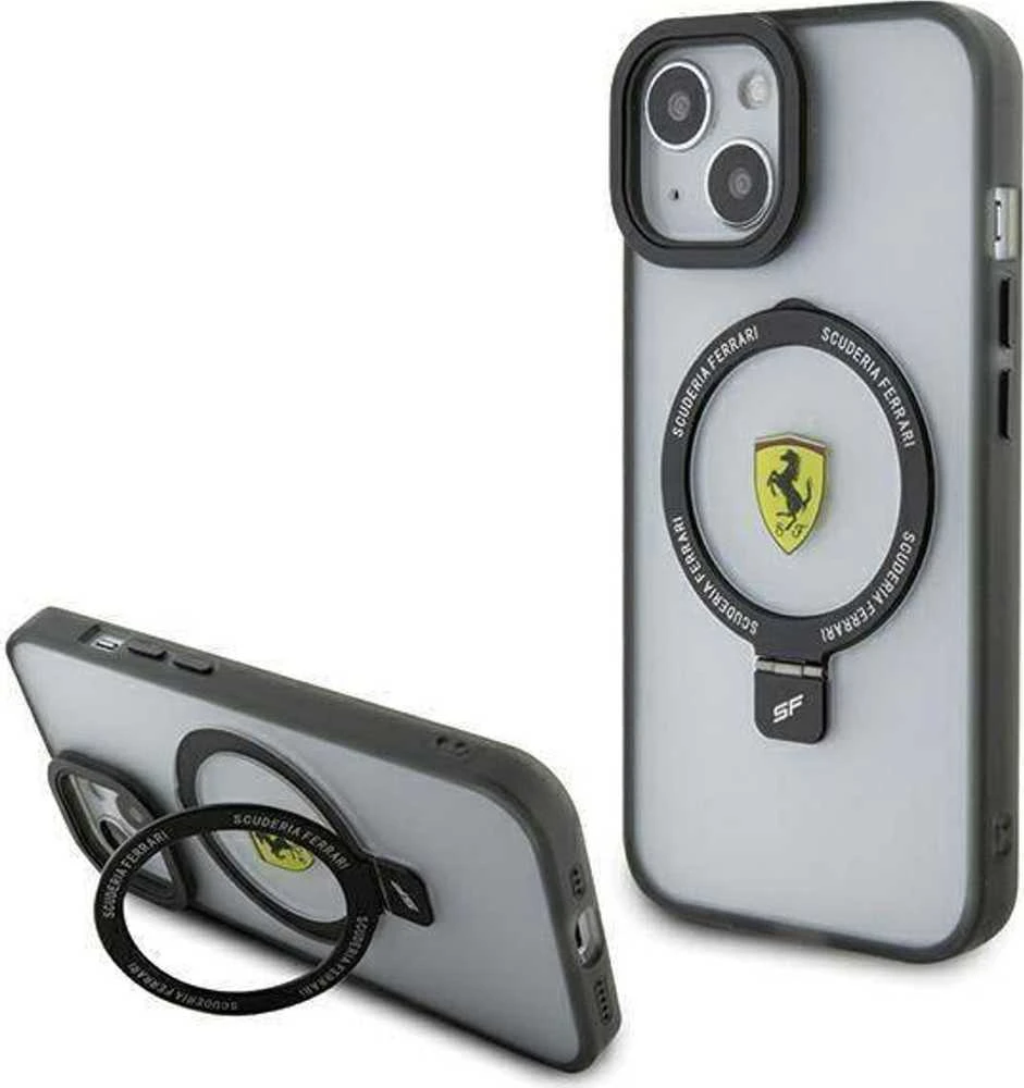 Ferrari FEHMP15SUSCAH Apple iPhone 15 / 14 /13 6.1″ skaidrus kietas dėklas Ring Stand 2023 Collection MagSaf