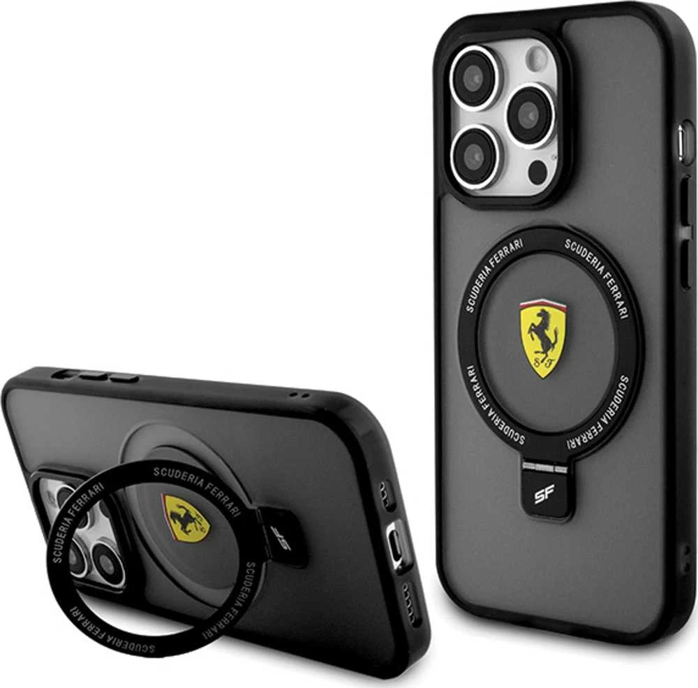 Ferrari FEHMP15SUSCAK Apple iPhone 15 / 14 /13 6.1″ juodos spalvos kietas dėklas Ring Stand 2023 Collection MagSa
