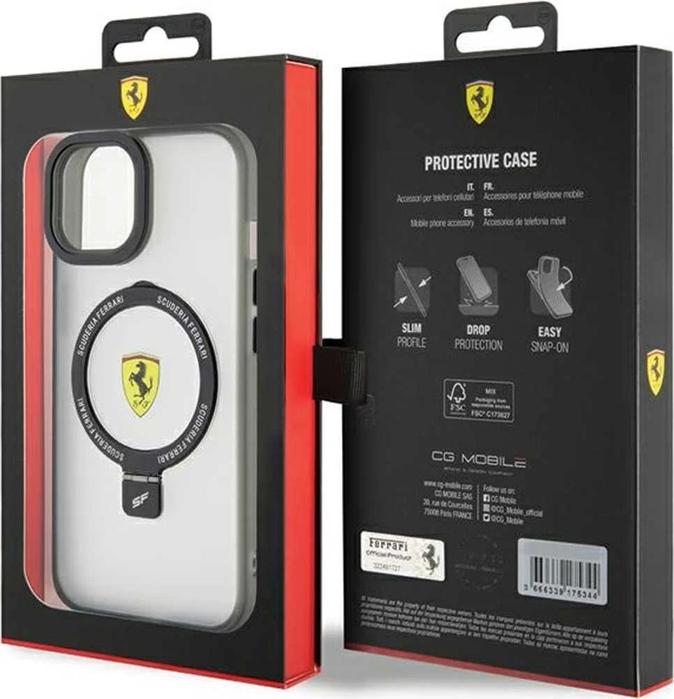 Ferrari FEHMP15SUSCAK Apple iPhone 15 / 14 /13 6.1″ juodos spalvos kietas dėklas Ring Stand 2023 Collection MagSa