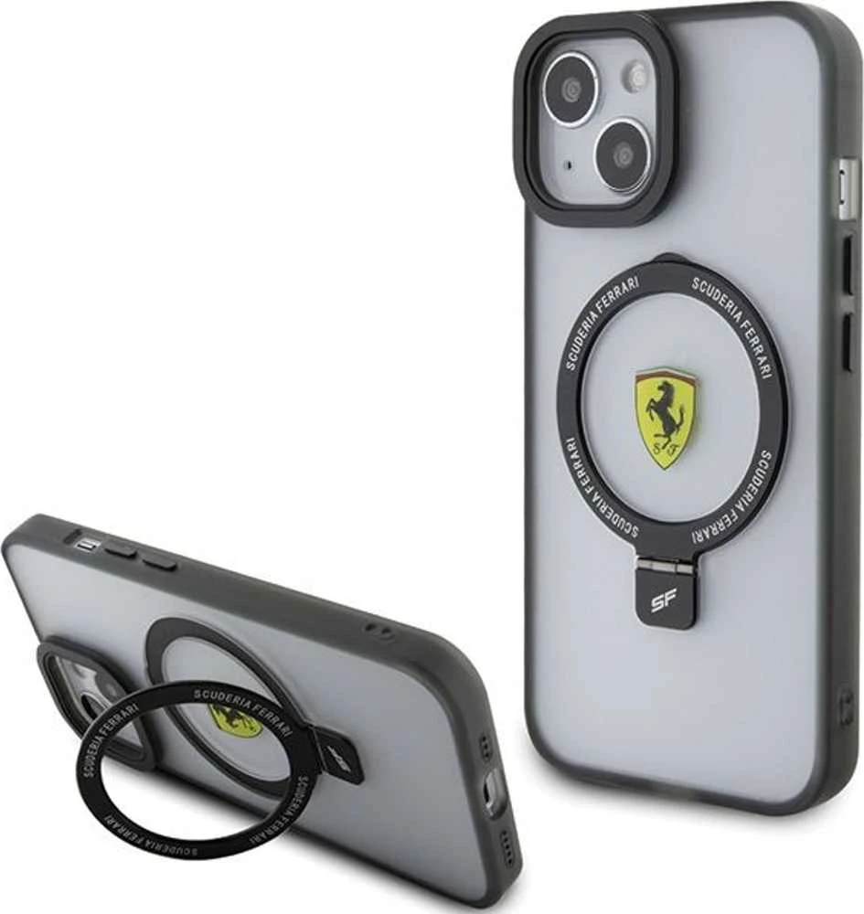 Ferrari FEHMP15SUSCAK Apple iPhone 15 / 14 /13 6.1″ juodos spalvos kietas dėklas Ring Stand 2023 Collection MagSa
