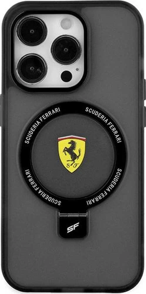 Ferrari FEHMP15SUSCAK Apple iPhone 15 / 14 /13 6.1″ juodos spalvos kietas dėklas Ring Stand 2023 Collection MagSa