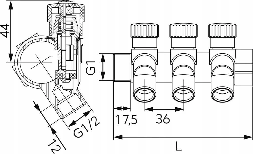 Ferro sanitarinis kolektorius 1"x1/2", 2 krypčių