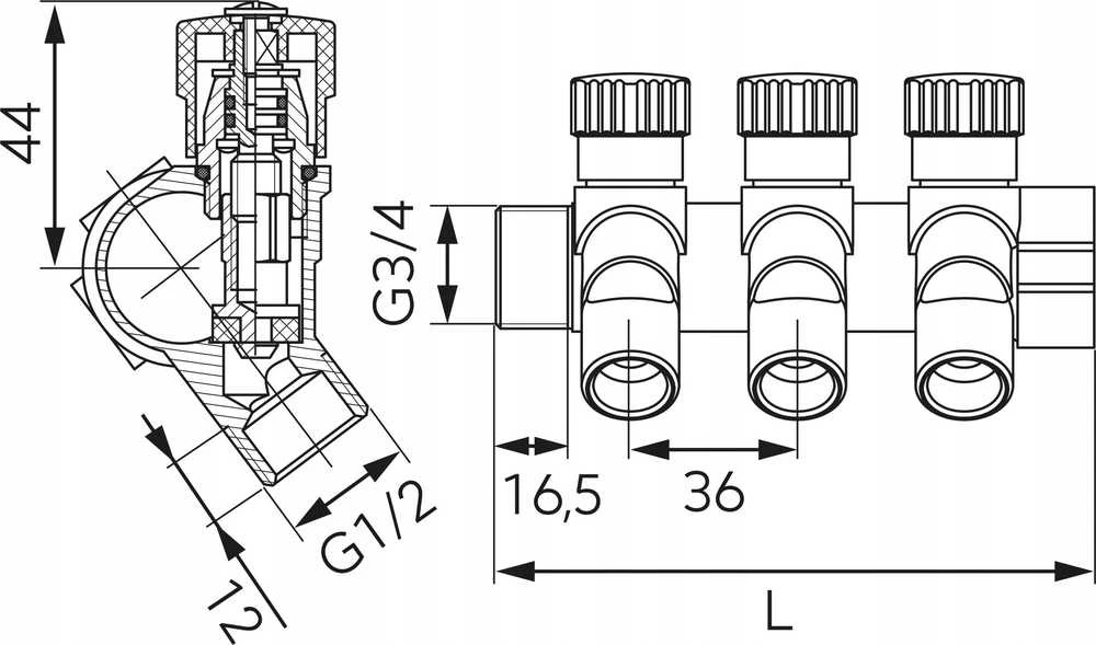 Ferro sanitarinis kolektorius 3/4"x1/2", 4 krypčių