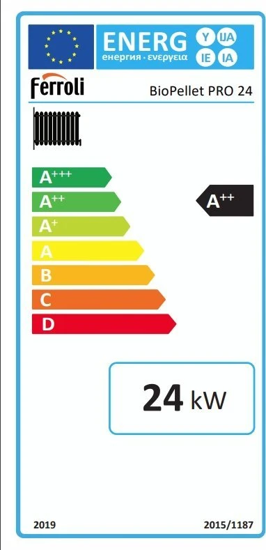„Ferroli BIOPELLET PRO 24“ granulinis katilas, kurio galios diapazonas yra 7,5–24,00 kW. FERROLI