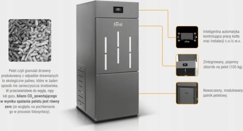 „Ferroli BIOPELLET PRO 24“ granulinis katilas, kurio galios diapazonas yra 7,5–24,00 kW. FERROLI