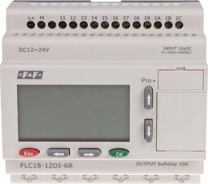 F&F 12-24VDC FLC18-12DI-6R programuojamas valdiklis