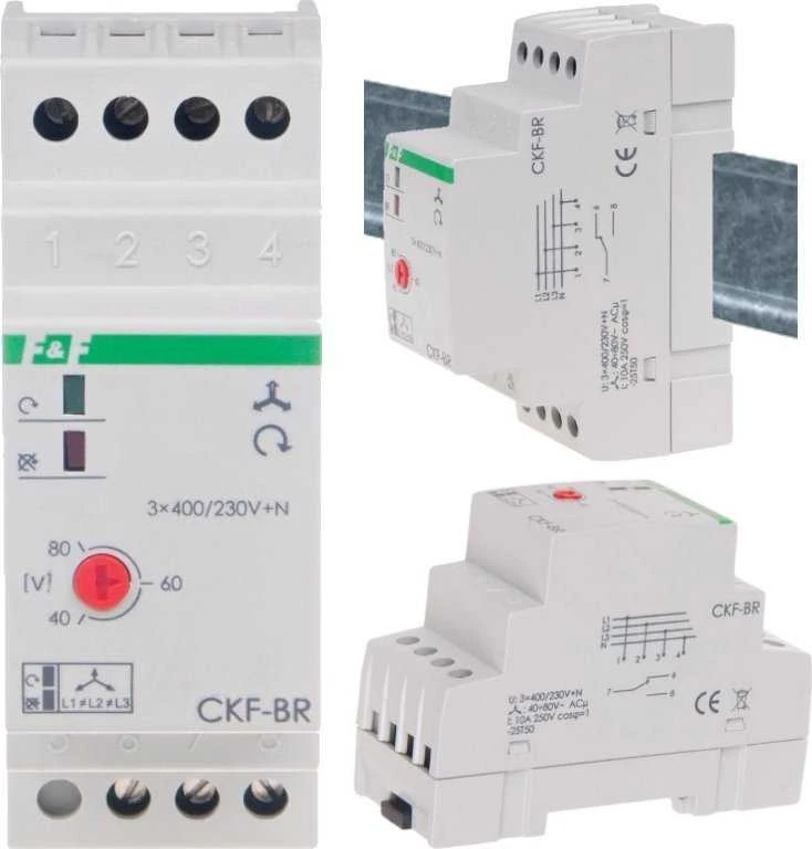 F&F Fazių sekos ir fazių gedimo relė CKF-BR-TRMS 10A 1NO/NC, 4 s uždelsimas, asimetrija, 40–80 V, tikra RMS, skirta DIN bėgeliui