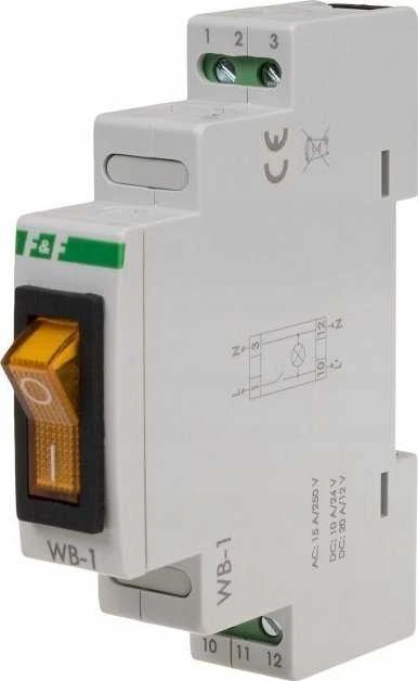 F&F Dviejų padėčių jungiklis WB-1Y 16A 1NO 230V AC su geltonu apšvietimu, skirtas DIN bėgeliui