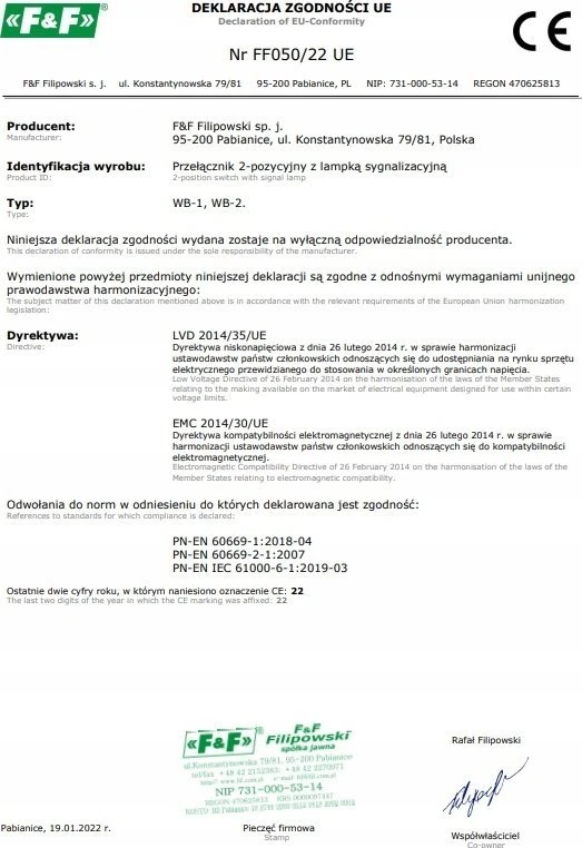 F&F Dviejų padėčių jungiklis WB-1Y 16A 1NO 230V AC su geltonu apšvietimu, skirtas DIN bėgeliui