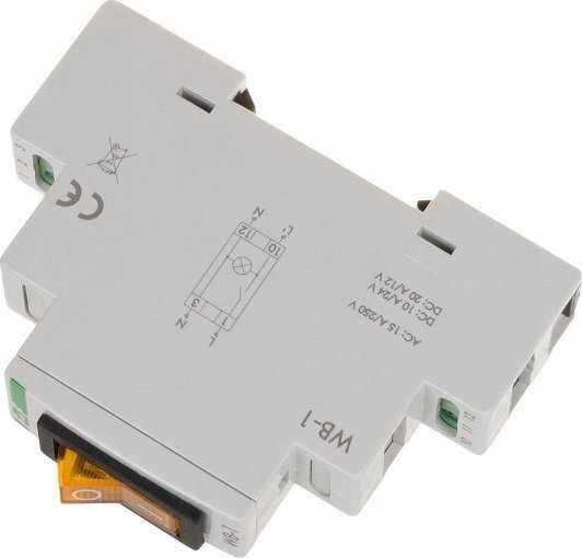 F&F Dviejų padėčių jungiklis WB-1Y 16A 1NO 230V AC su geltonu apšvietimu, skirtas DIN bėgeliui