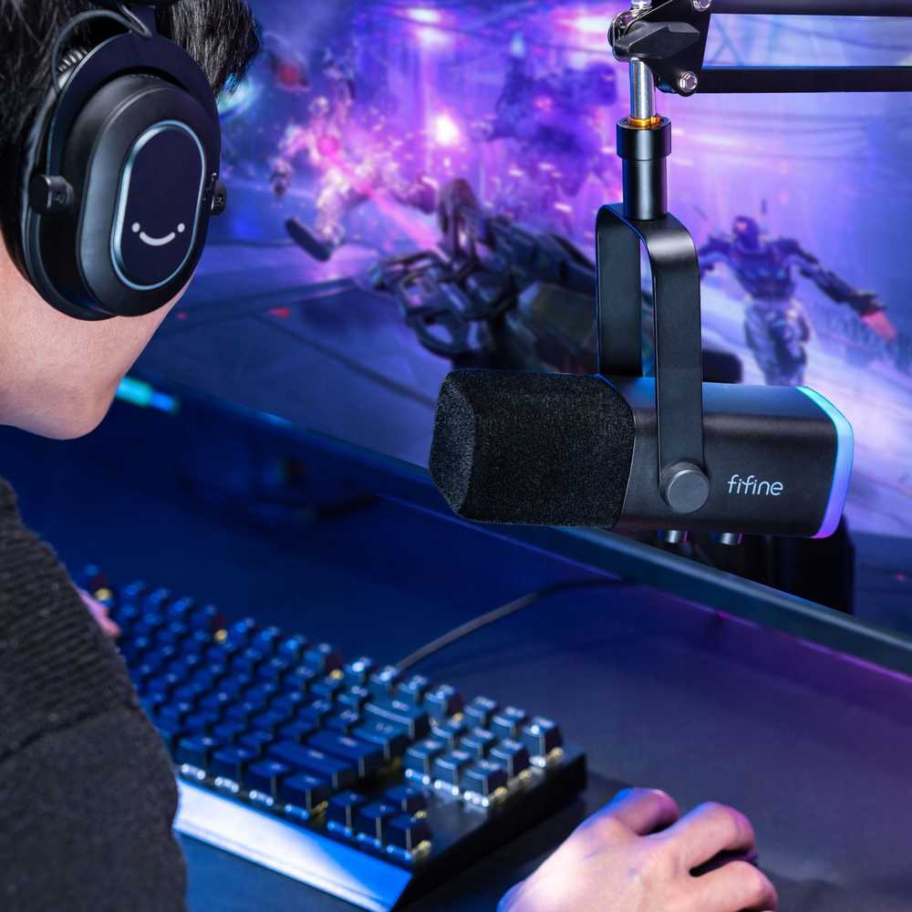 Fifine AM8T AMPLIGAME USB/XLR RGB mikrofon dynamiczny studyjny ze statywem juoda