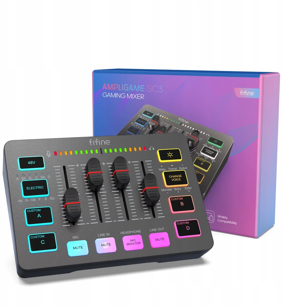 Ausinės Fifine garso plokštė SC3W balta USB su RGB XLR 2 kanalų