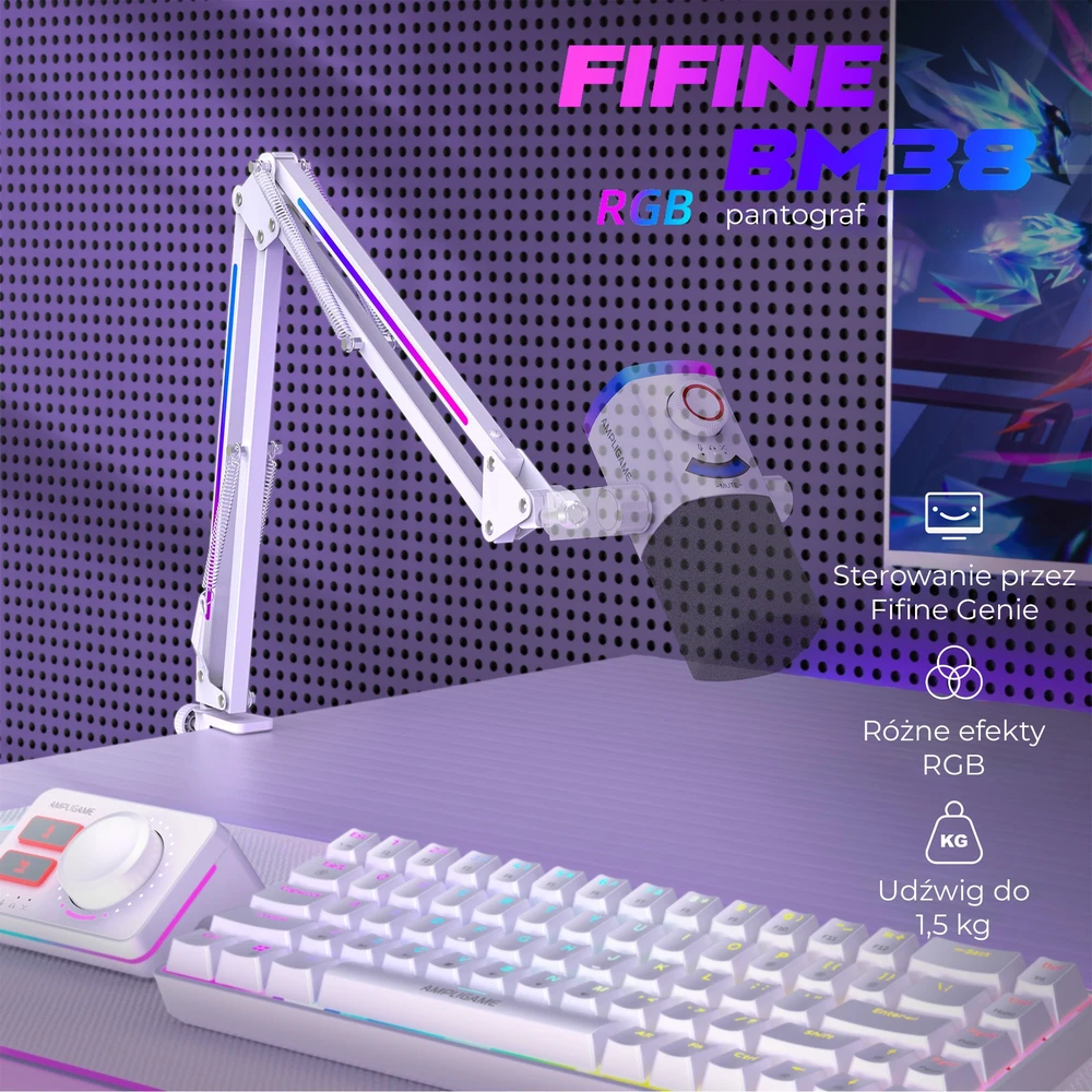 Fifine Stalovas tiesus biurko laikiklis mikrofonui BM38W baltas, RGB