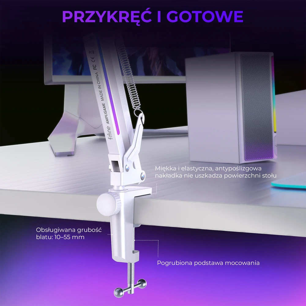 Fifine Stalovas tiesus biurko laikiklis mikrofonui BM38W baltas, RGB