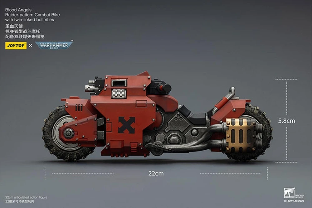 Figūrėlė Games Workshop Figūrėlė Warhammer 40k Blood Angels Raider tipo kovinis motociklas Blood Angels su dvigubais bolt šautuvais, transporto priemonė 1/18, 22 cm