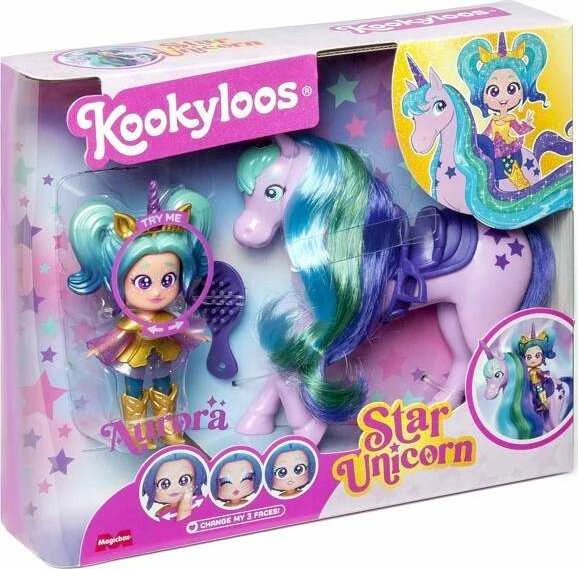 Magic Box KookyLoos Star Aurora lėlė + vienaragis su plaukais + priedai