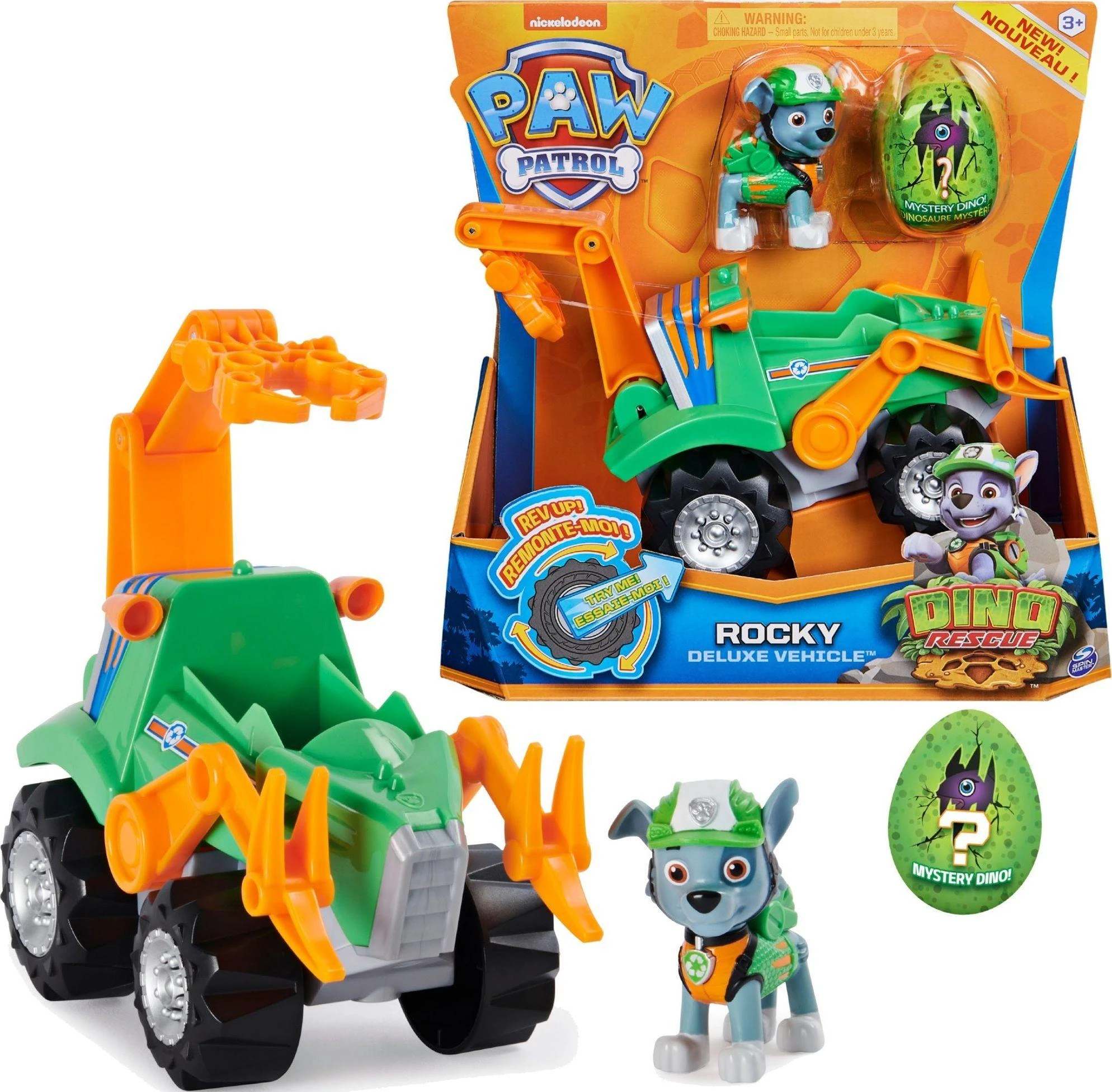 Spin Master „Paw Patrol 3in1 Rocky Dino Rescue“ figūrėlė + didelė automobilio mašina + dinozauro staigmena