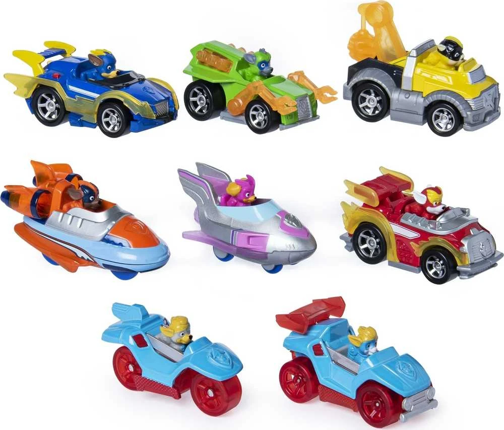 Spin Master Paw Patrol Mighty Pups True Metal rinkinys iš 8 lietų metalinių transporto priemonių