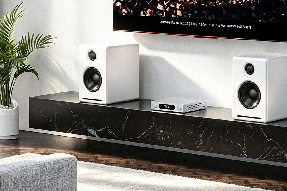 FiiO AIR AMP stereo stiprintuvas su tinklo grotuvu, sidabrinis