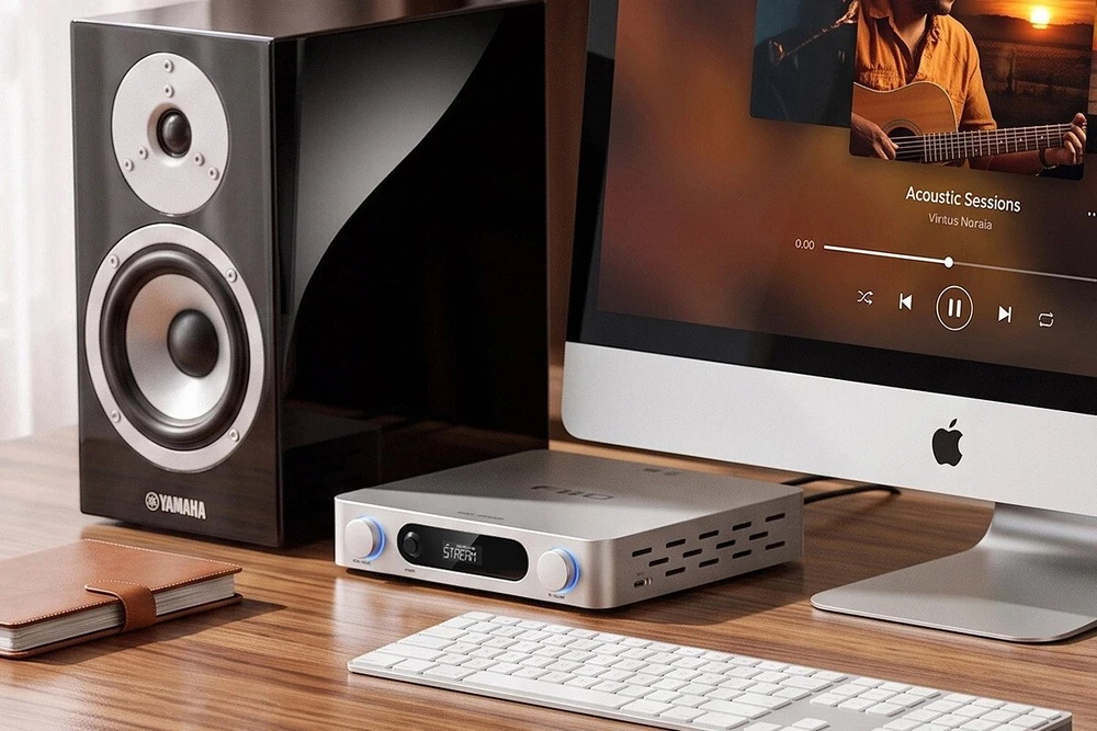 FiiO AIR AMP stereo stiprintuvas su tinklo grotuvu, sidabrinis