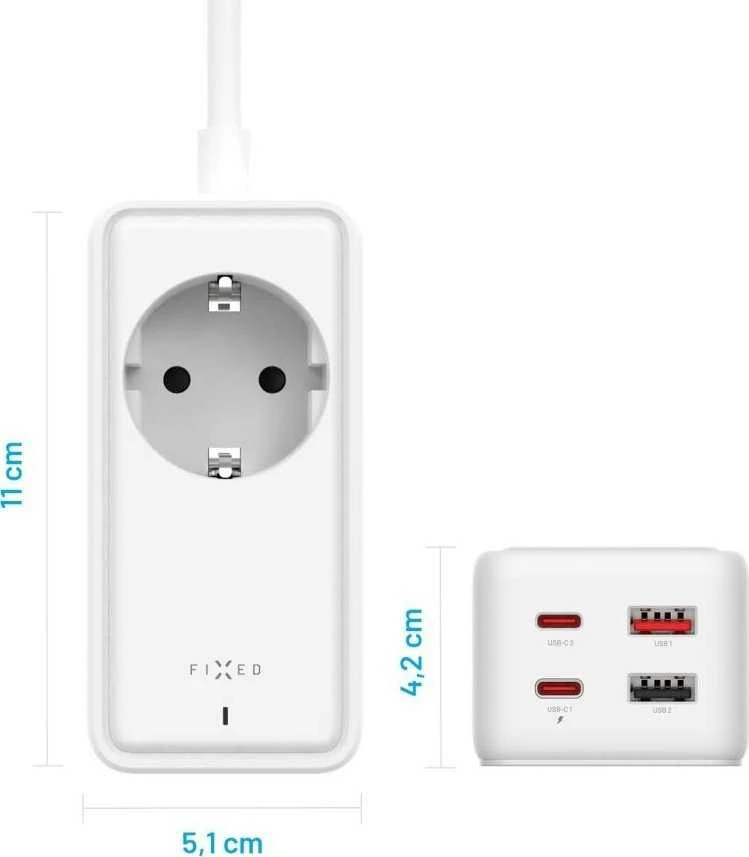 Fixed Fiksuoto įkrovimo maitinimo adapteris su 2x USB-C ir 2x USB, GaN III, 1,5 m, PD 65 W | FIXCS65-1.5-WH