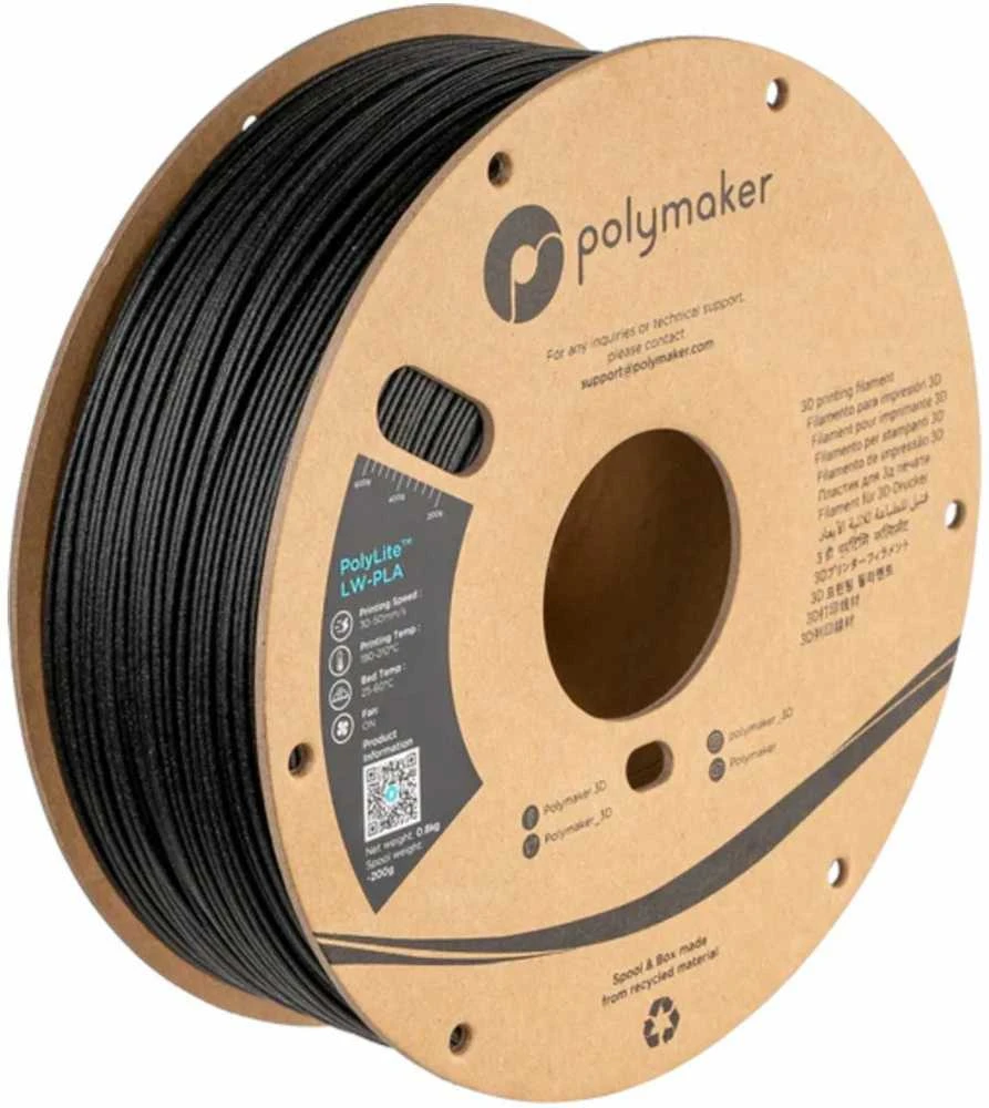 3D plastikas Polymaker PolyLite LW-PLA 1.75mm 0.8kg - Juodas