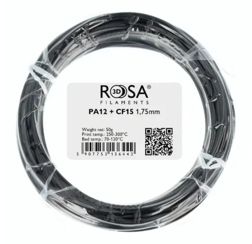 Rosa3D PA12 su anglies pluoštu, juodas poliamido siūlas