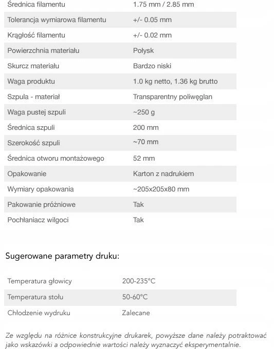Devil Design PLA techninių parametrų lentelė
