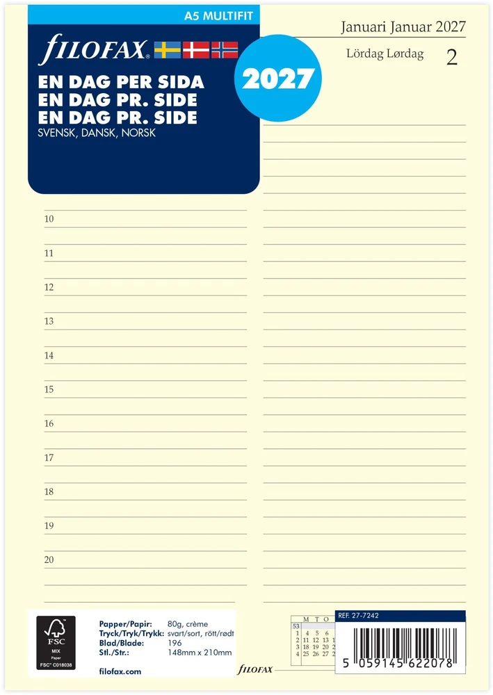 Filofax Refill A5 2027 Dzień na stronę Svensk/Dansk/Norsk (27-7242)