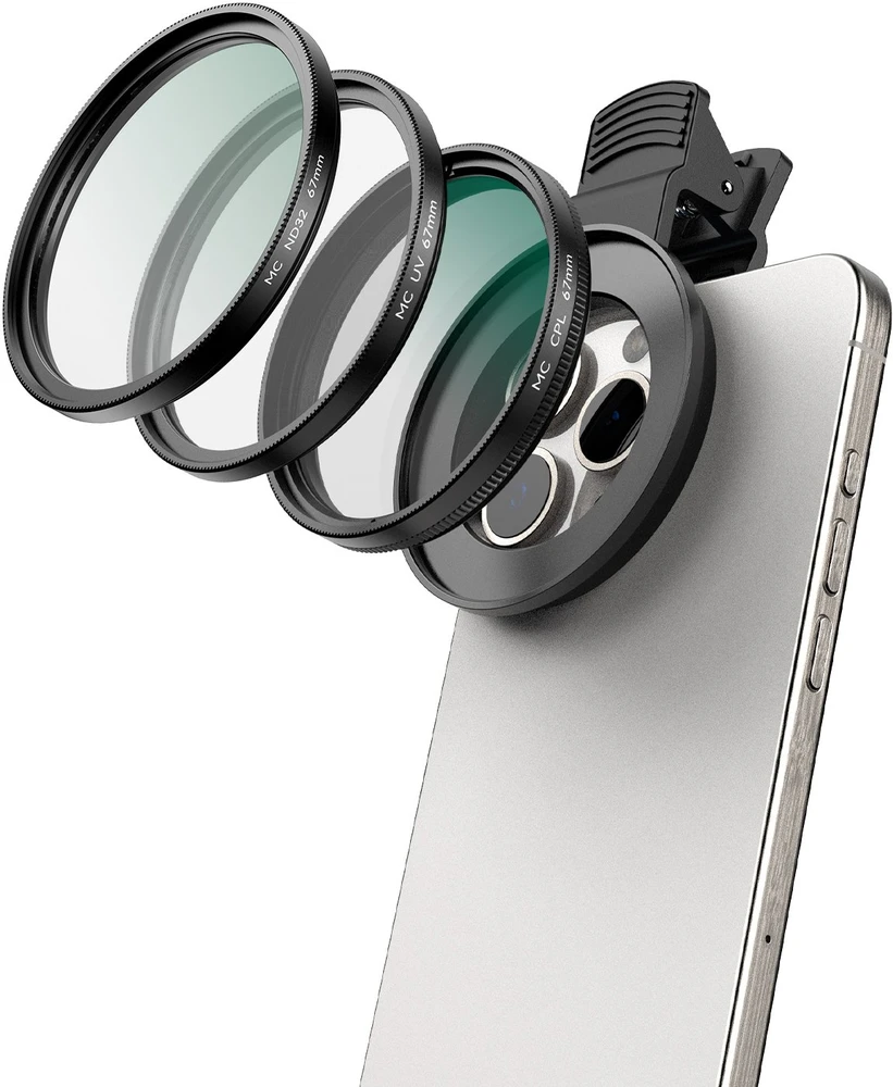 Apexel Filtrai. Filtrų rinkinys 3 in 1 CPL / UV / ND32 telefonams ir fotoaparatams / 67 mm klipsas ir adapteris 52 mm / APL-67FL3N (SB11892)