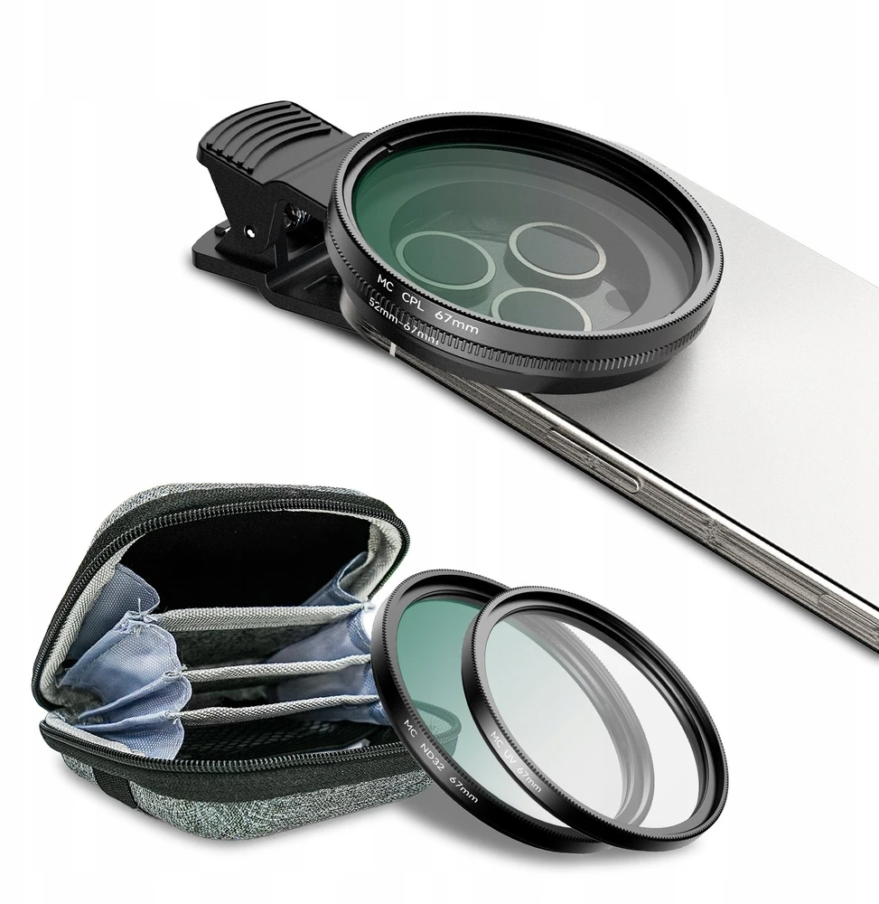 Apexel Filtrai. Filtrų rinkinys 3 in 1 CPL / UV / ND32 telefonams ir fotoaparatams / 67 mm klipsas ir adapteris 52 mm / APL-67FL3N (SB11892)