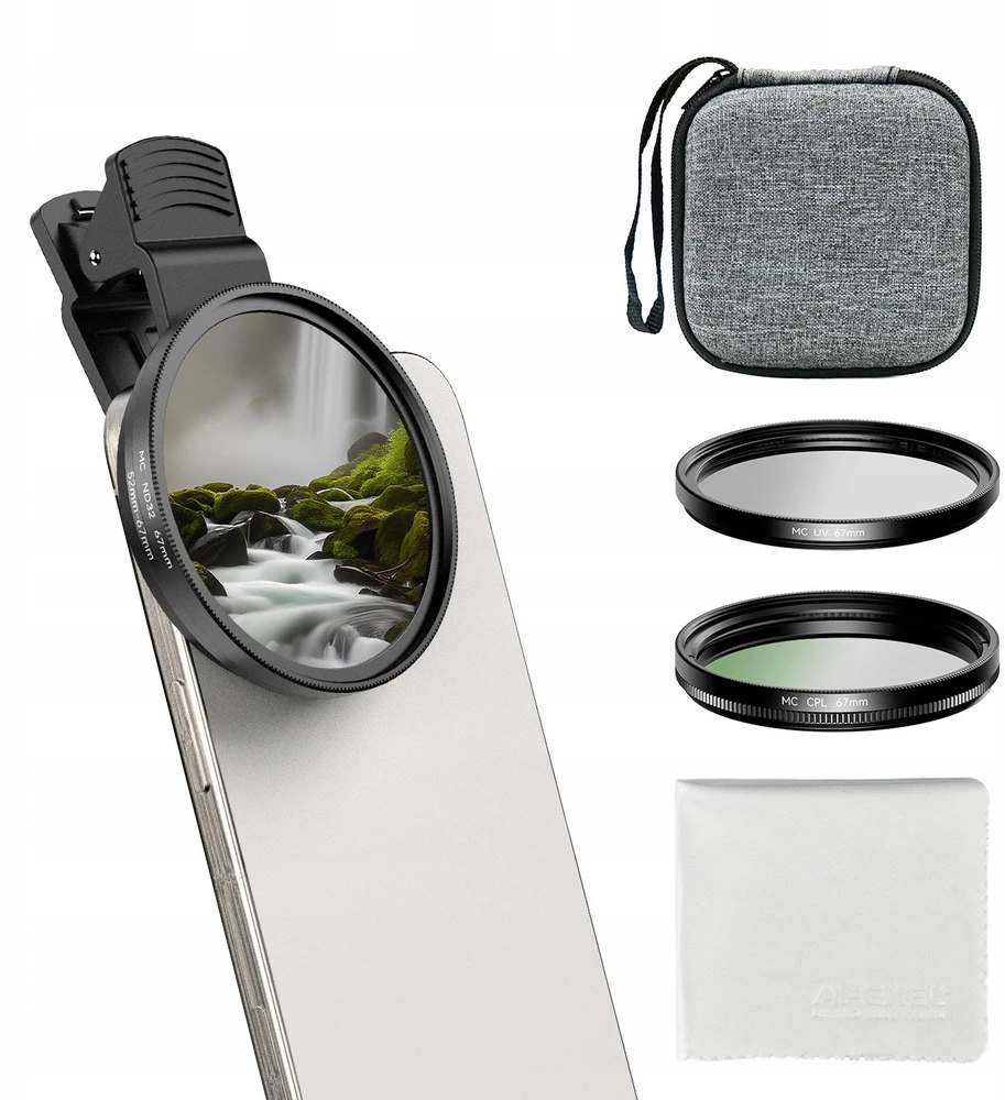 Apexel Filtrai. Filtrų rinkinys 3 in 1 CPL / UV / ND32 telefonams ir fotoaparatams / 67 mm klipsas ir adapteris 52 mm / APL-67FL3N (SB11892)