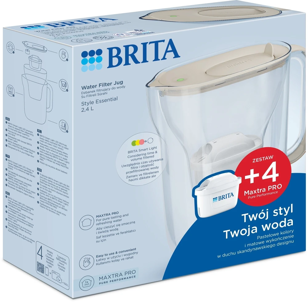 „Brita Style Essential“ filtro ąsotis + 4 „Maxtra Pro Pure Performance“ filtro kasetės (smėlio spalvos)