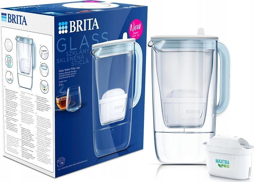 Drėkintuvas Brita Glass+ filtro ąsotis su 2 MaxtraPro PP kasetėmis (mėlynas; 2,5 l)