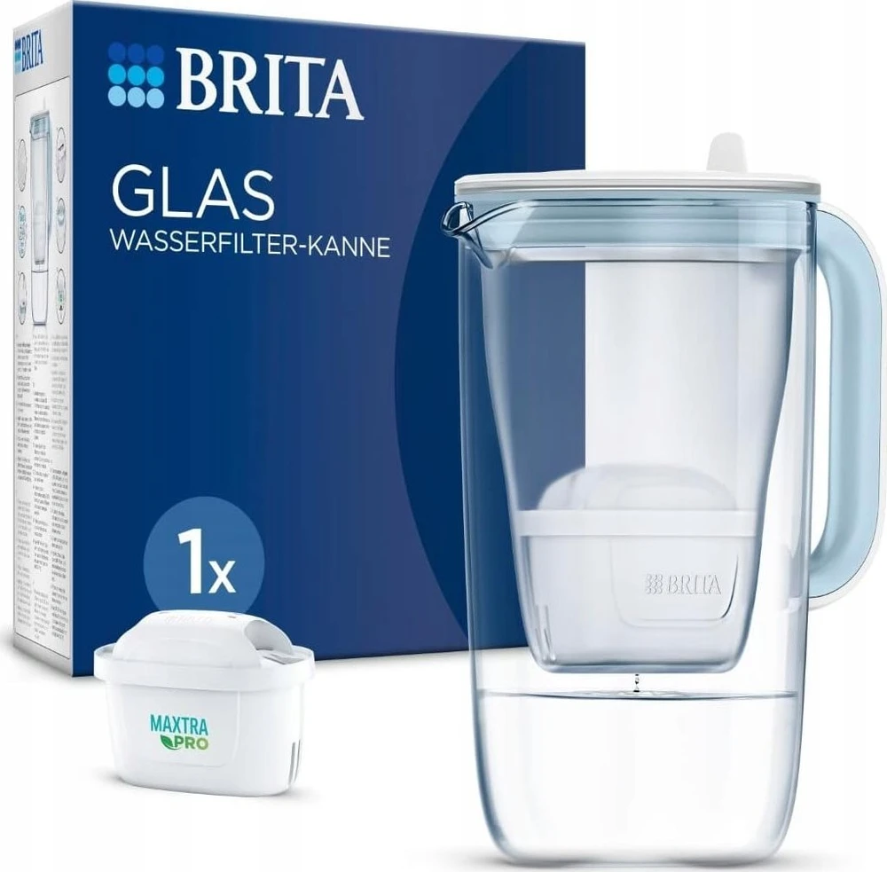 Drėkintuvas Brita Glass+ filtro ąsotis su 2 MaxtraPro PP kasetėmis (mėlynas; 2,5 l)