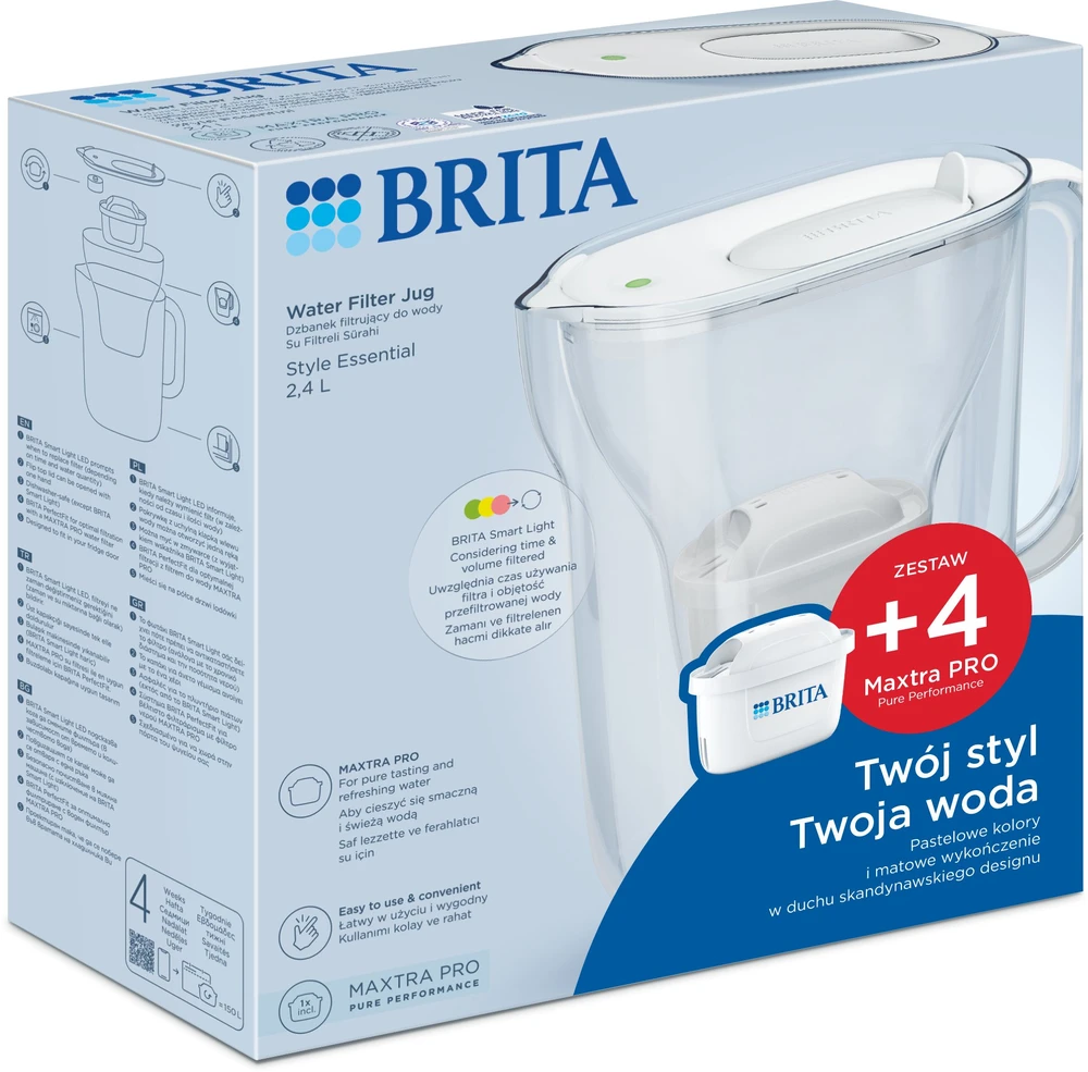 Vandens filtravimo ąsotis BRITA Style Essential 2.4L, baltas su vandens filtrais MAXTRA PRO PURE PERFORMANCE, 4 vnt.