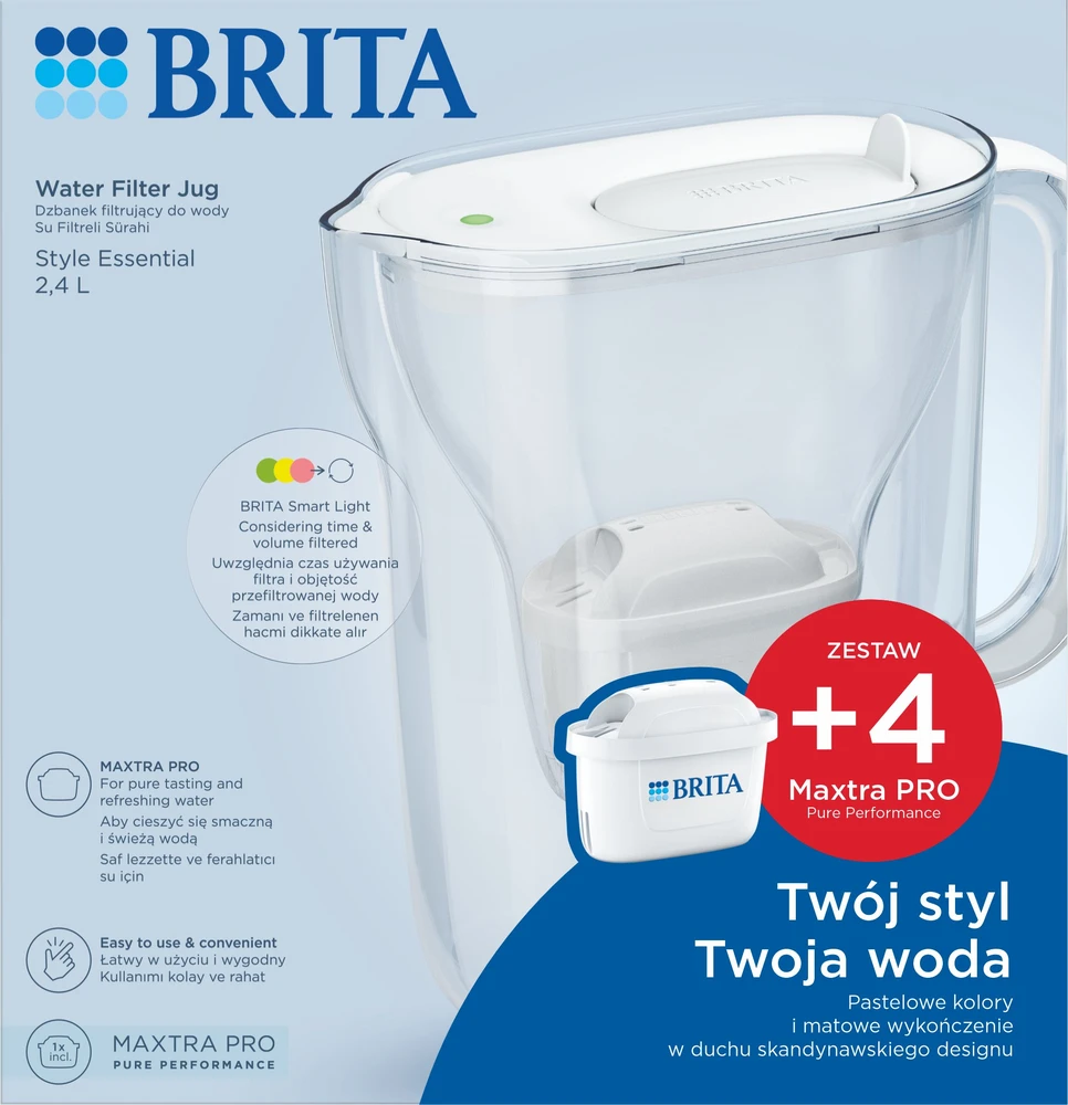 Vandens filtravimo ąsotis BRITA Style Essential 2.4L, baltas su vandens filtrais MAXTRA PRO PURE PERFORMANCE, 4 vnt.
