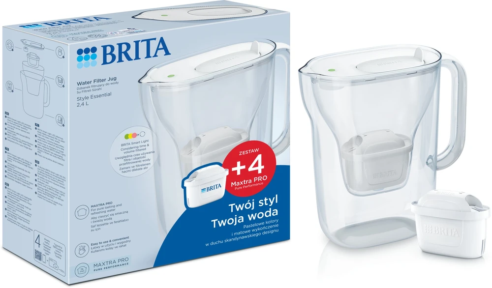 Vandens filtravimo ąsotis BRITA Style Essential 2.4L, baltas su vandens filtrais MAXTRA PRO PURE PERFORMANCE, 4 vnt.