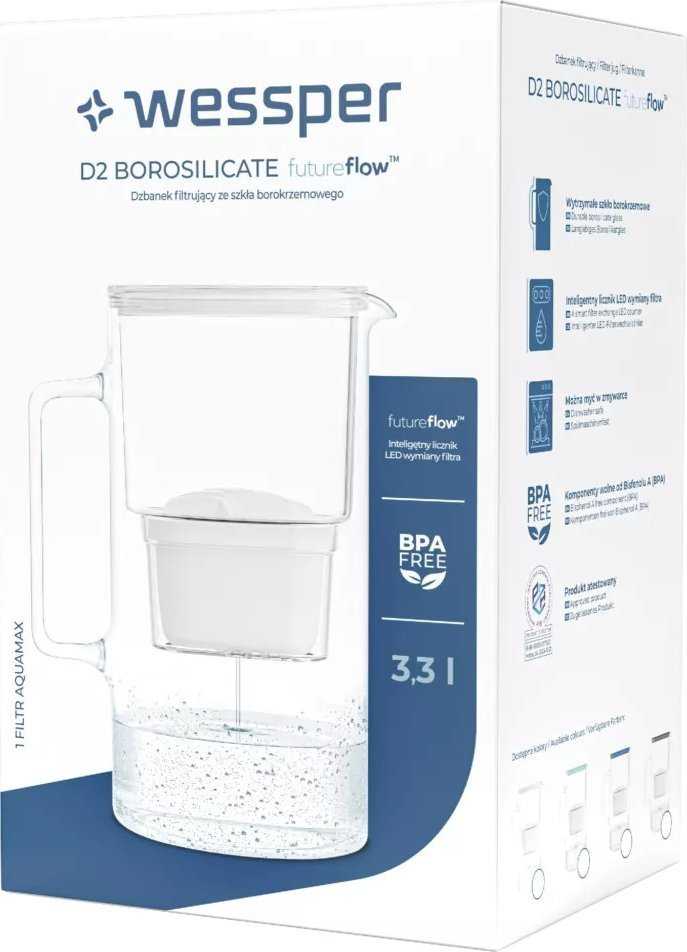 Filtravimo ąsotis Wessper Dzbanek D2 Borosilicate FutureFlow Aquamax (WES201-FF-BK)