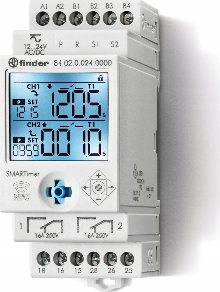 FINDER Universalus programuojamas laiko relė NFC 2P 16A 12…24V AC/DC 84.02.0.024.0000
