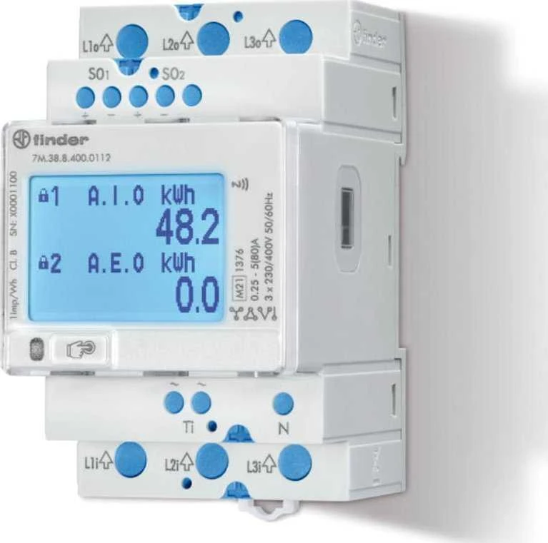 Finder Dviejų krypčių trifazis energijos matuoklis MID 80A NFC Daugiafunkcis 7M.38.8.400.0112