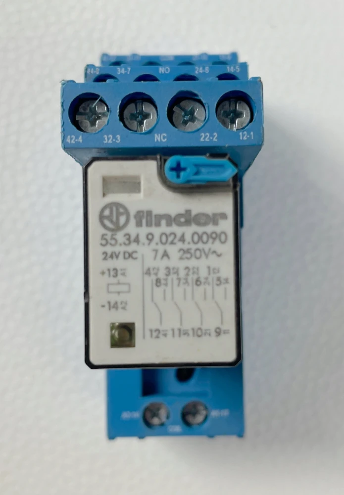 Finder Miniatiūrinė relė 4P 7A 24V DC, testavimo mygtukas, LED + diodas 55.34.9.024.0090