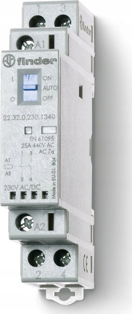 Finder Modulinis kontaktorius 1Z 1R 25A 230V AC/DC, Auto-On-Off funkcija, veikimo indikatorius + LED, 17.5mm 22.32.0.230.4540
