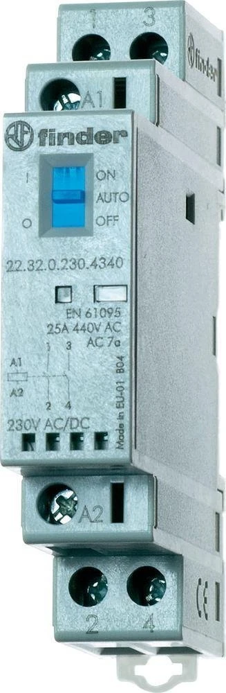 Finder Modulinis kontaktorius 1Z 1R 25A 230V AC/DC, Auto-On-Off funkcija, veikimo indikatorius + LED, 17.5mm 22.32.0.230.4540