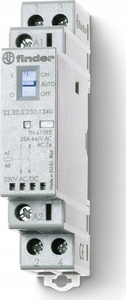Finder Modulinis kontaktorius 1Z 1R 25A 24V AC/DC, Auto-On-Off funkcija, veikimo indikatorius + LED, 17.5mm 22.32.0.024.4540