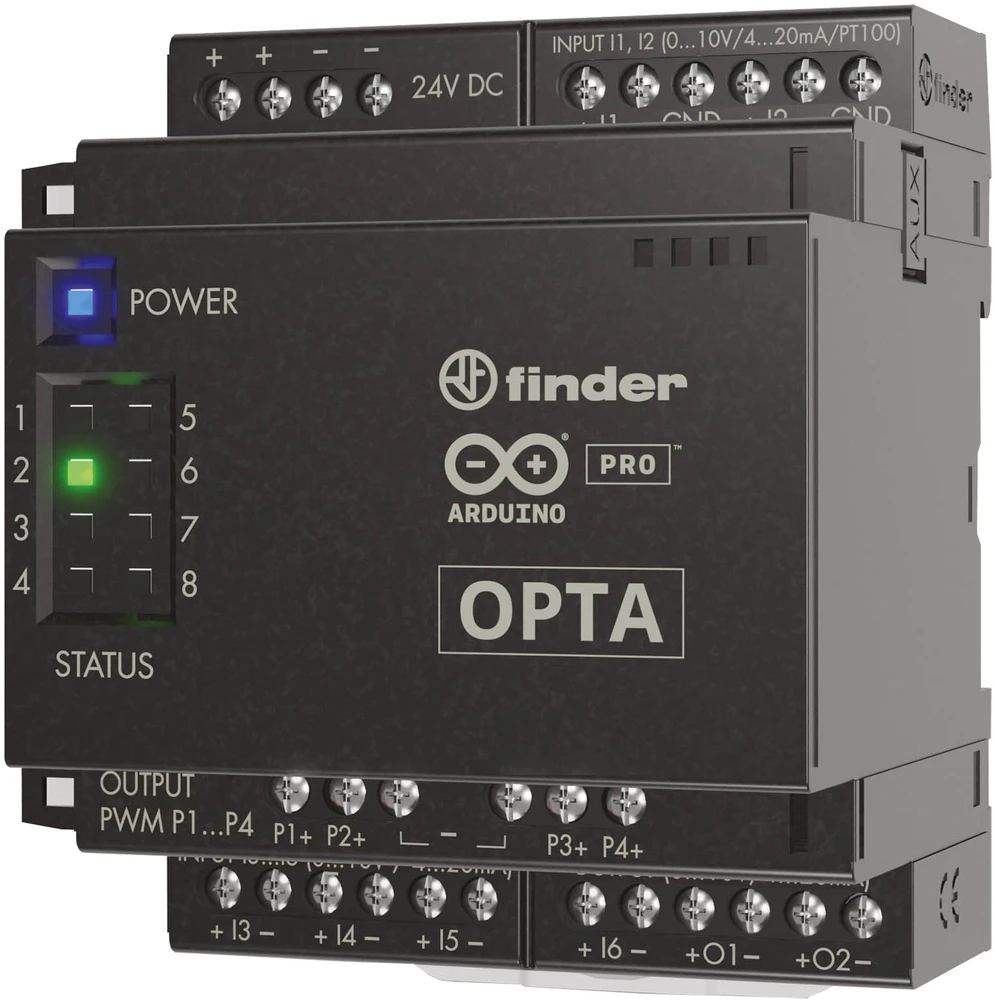 Finder OPTA plėtinių modulis - 6 analoginiai įėjimai 0…10 V, 4…20 mA, PT100 (2-3 laidų), 2 analoginiai išėjimai 0…10 V, 4…20 mA. 4PWM